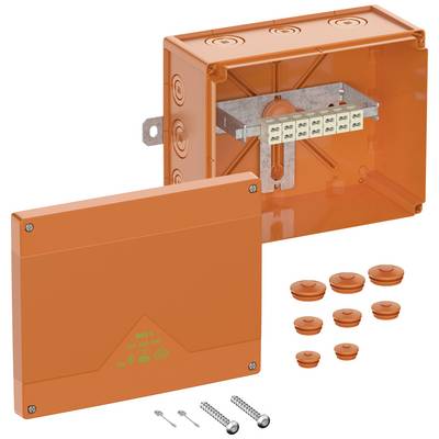 Oranje installatiemof met afneembaar deksel en meerdere afdichtingselementen en schroeven.
