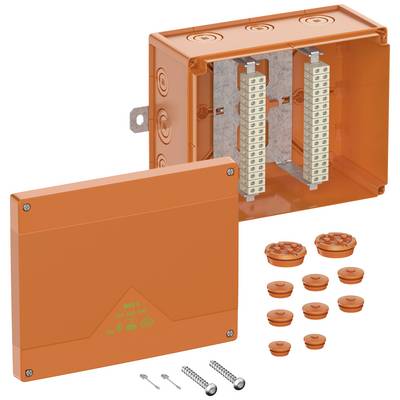 Oranje verdeelkast met geopend deksel toont interne aansluitklemmen. Bevat schroeven en afdekplaten, geschikt voor elektrische installaties.