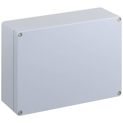 Grijs-witte rechthoekige metalen doos, die op elke hoek met vier schroeven is bevestigd.