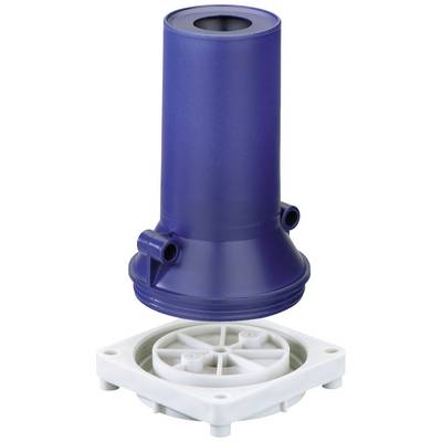 Een blauwe, cilindrische waterfilterbehuizing met een wit vierkant voetstuk eronder, beide onderdelen apart.