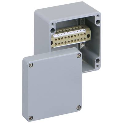 Behuizing met verwijderde afdekking, toont onderliggende aansluitklemmen. Geschikt voor elektrische installaties.