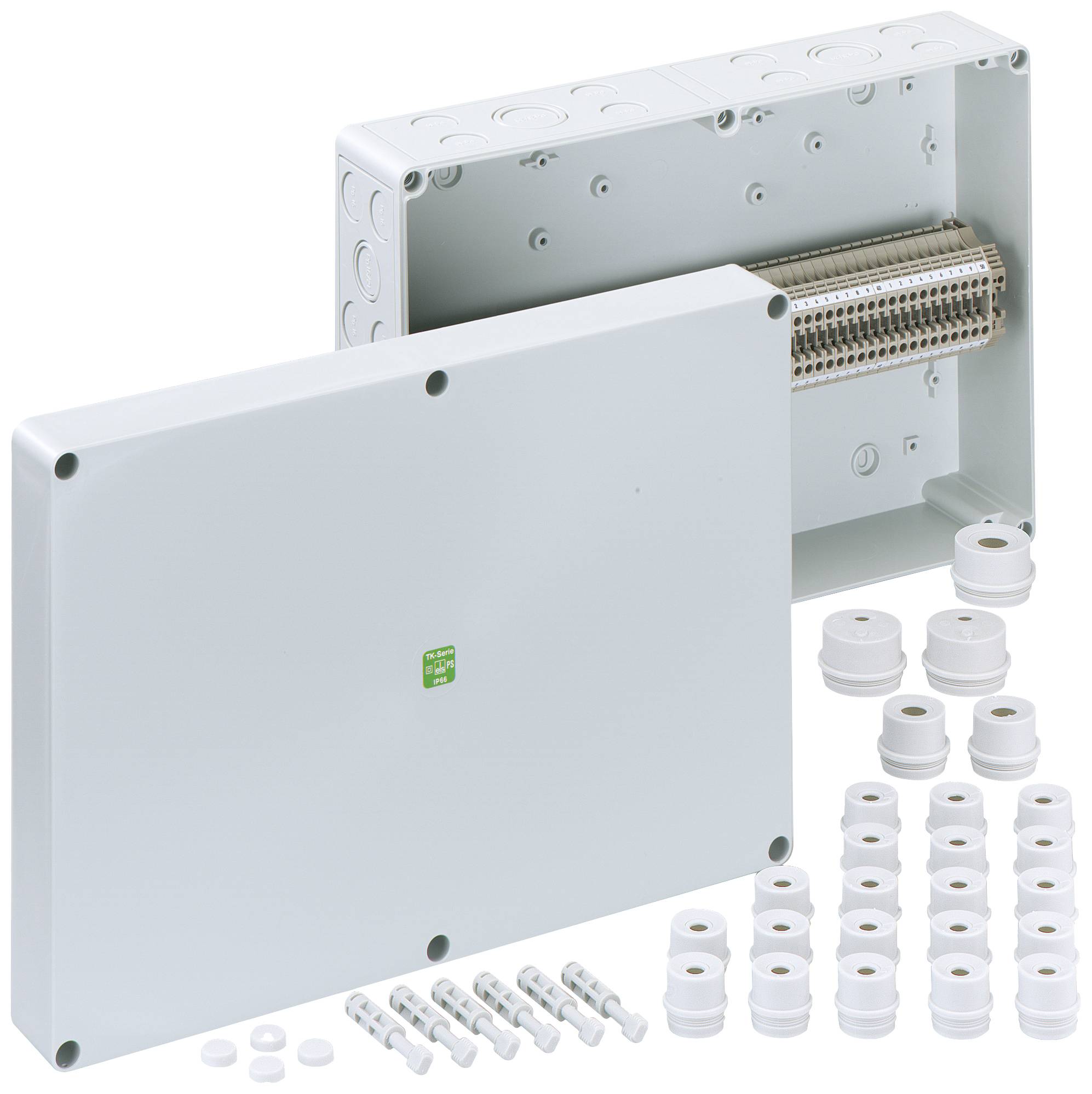 Aansluitdoos met verwijderd deksel, toont inwendige aansluitrij. Naast de doos zijn kabelwartels en schroeven geplaatst.