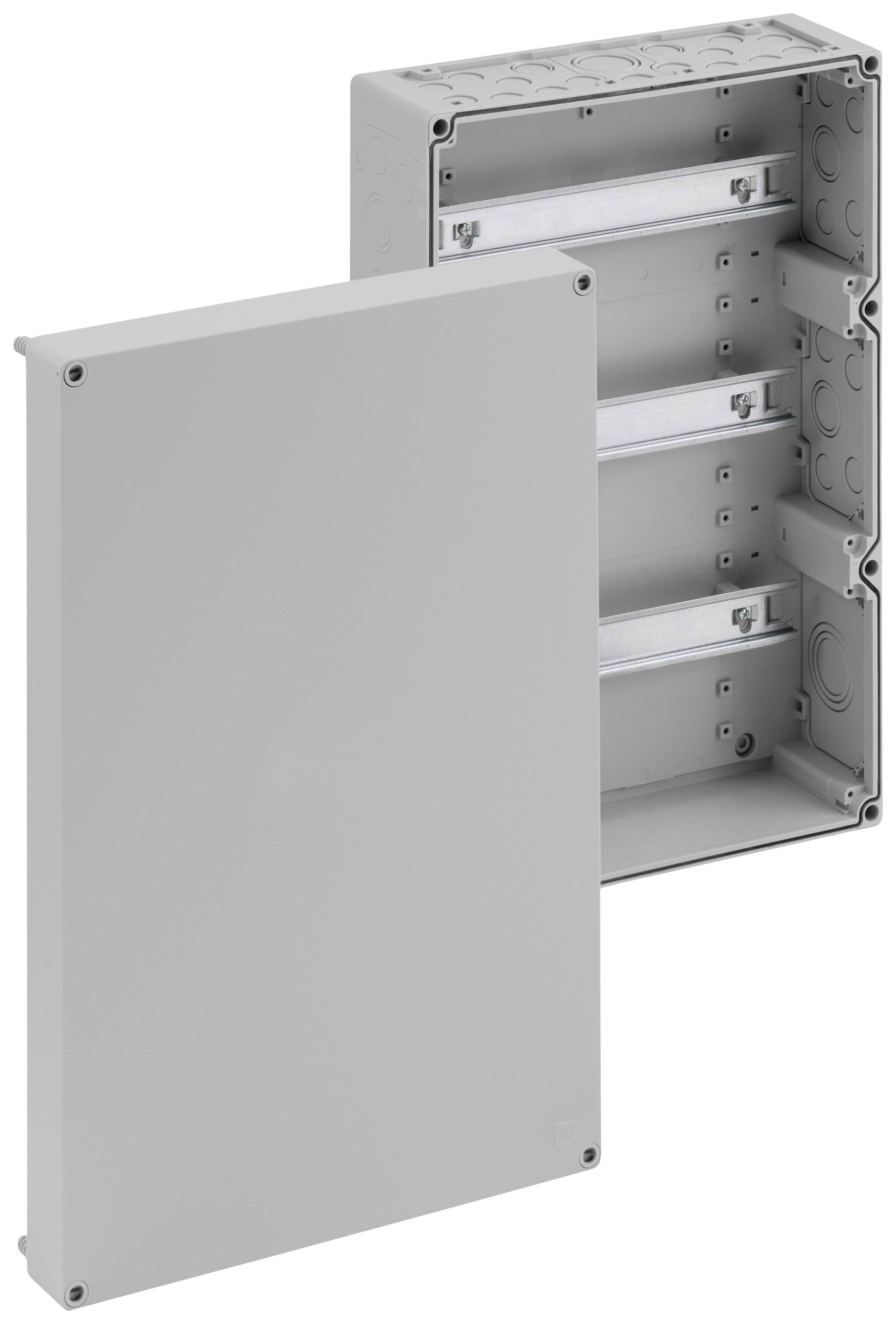 Behuizing voor wandmontage met afneembare deksel, toont de binnenkant met meerdere compartimenten voor kabel- of elektro-installatie.