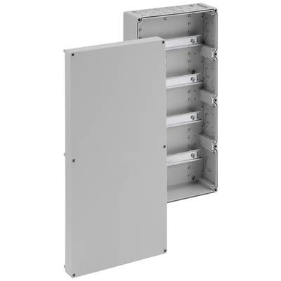 Elektrische metalen verdeelkast, geopend, toont meerdere rijen voor schakelingen. Deksel ernaast. Geschikt voor binneninstallatie.