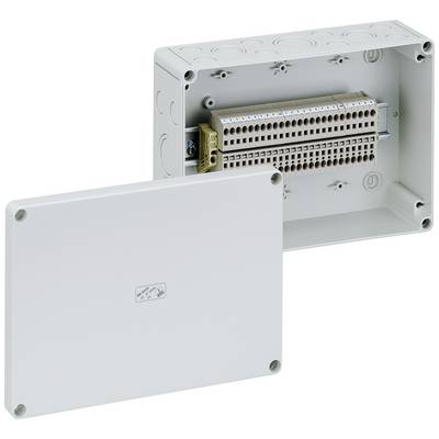 Behuizing met geopend deksel toont inwendige klemmenrij voor elektrische bedrading.