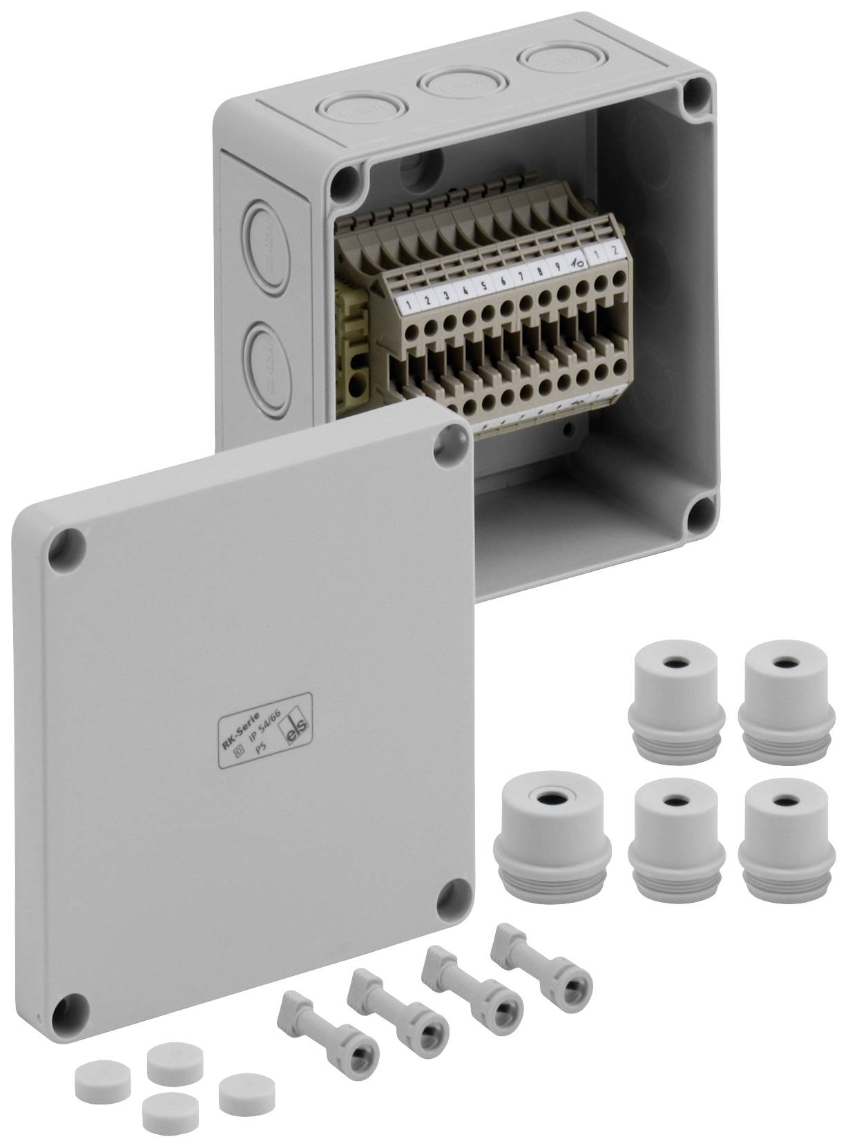 'Beeld van een grijze kunststof verdeeldoos met afgenomen deksel. Zichtbare klemmen aan de binnenkant en afzonderlijke afdichtingen ernaast.'