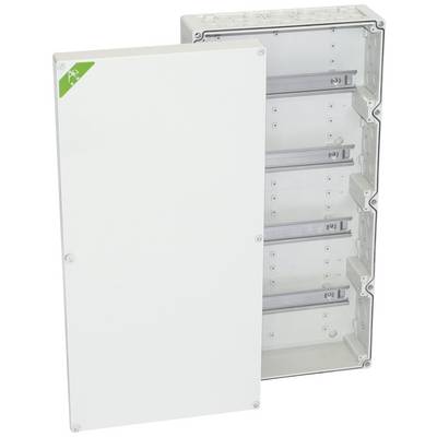 Een open, meerlaags metalen zekeringkast met een afneembare witte deksel, geschikt voor elektrische installaties.