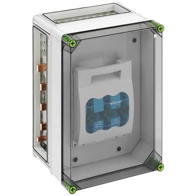 Elektrische schakelkast met transparante deksel, zichtbaar apparaat en groene schroeven in de hoeken.