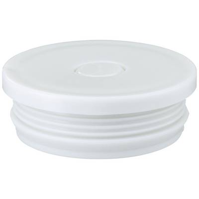 Een witte, ronde kunststof deksel met schroefdraad, geschikt voor het afsluiten van containers.