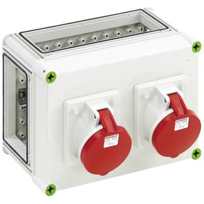 Witte wandcontactdoos met twee rode geaarde aansluitingen, geschikt voor industriële toepassingen en hoogpresterende apparaten.