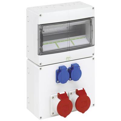 Een elektrische verdeelkast met twee blauwe stopcontacten en twee rode stopcontacten, gemonteerd aan een witte muur.