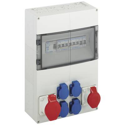 Een witte elektrische schakelkast met een transparante behuizing, meerdere schakelaars en gekleurde stopcontacten voor stroomverdeling.
