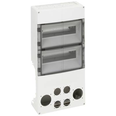 Elektrische verdeelkast met dubbele deur en meerdere ronde openingen aan de onderzijde voor kabeldoorvoering.