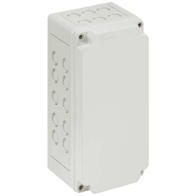 Rechthoekige witte kunststof behuizing met meerdere ronde uitsparing aan de zijkanten, geschikt voor elektrische aansluitingen.