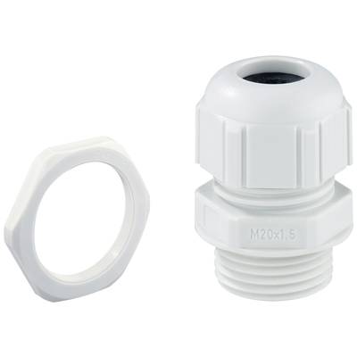 'Witte kabelwartel met contramoer, M20x1,5 schroefdraad. Dient voor afdichting en beveiliging van kabels in behuizingen.'