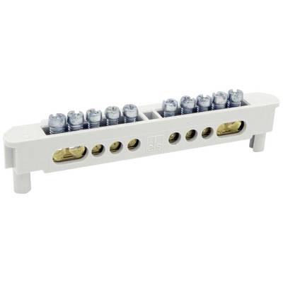 Een witte elektrische aansluitrail met meerdere schroefklemmen, die wordt gebruikt om elektrische verbindingen te waarborgen.