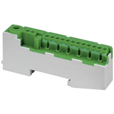 Een groene elektrische stekkerblok op een witte achtergrond. Hij heeft meerdere aansluitingen en wordt gebruikt voor het verbinden van kabels.