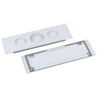 Twee rechthoekige, metalen afdekplaten met cirkelvormige verdiepingen. Eén ligt plat, de andere staat verticaal erachter.