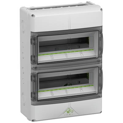 Tweedelige elektrische verdeelkast met transparante deksels, groene markeringen en twee rijen voor zekeringen of schakelapparatuur.
