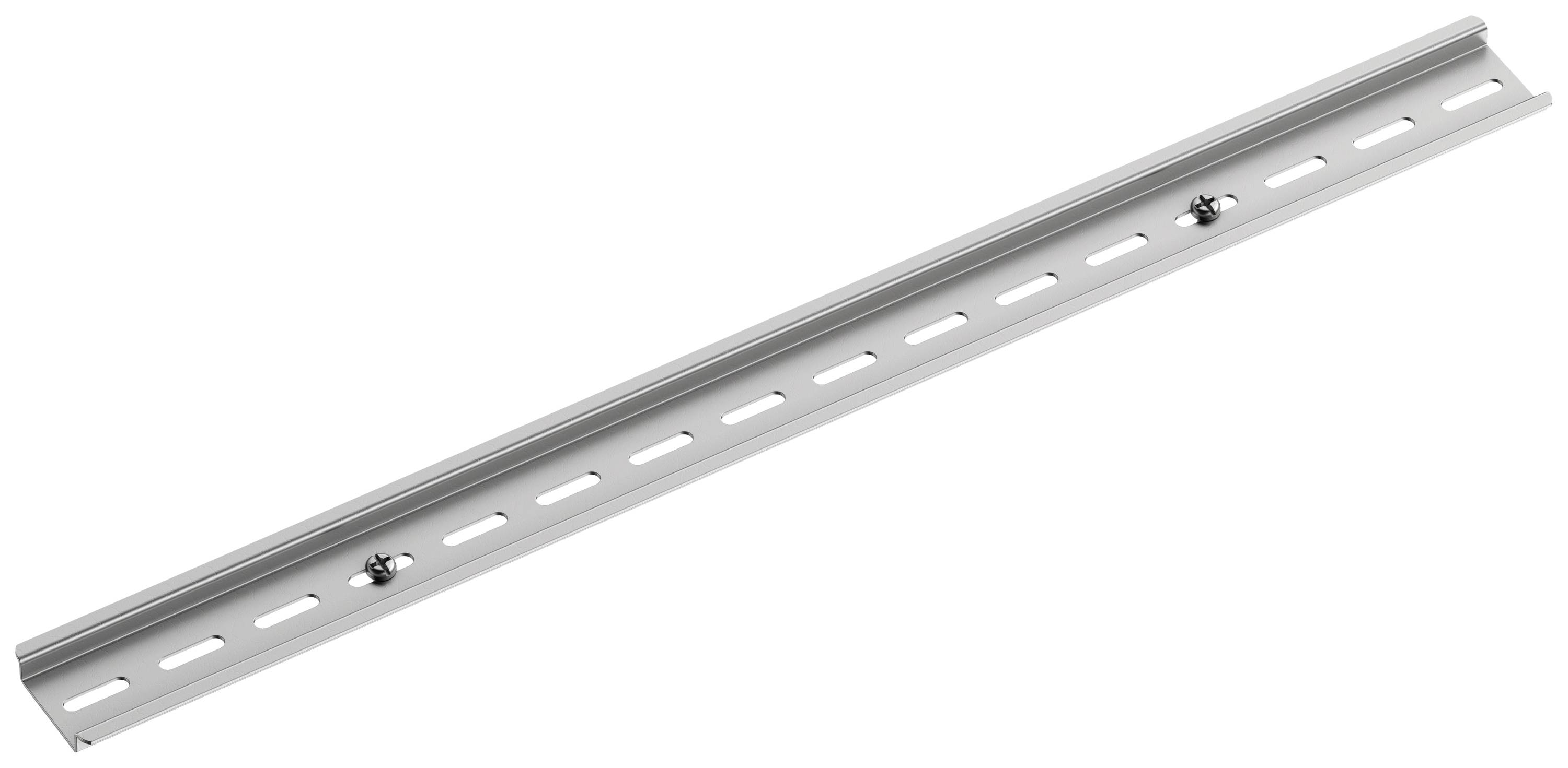 Metalen rail met meerdere sleuven en twee schroeven, geschikt voor het bevestigen of monteren van voorwerpen aan muren of oppervlakken.