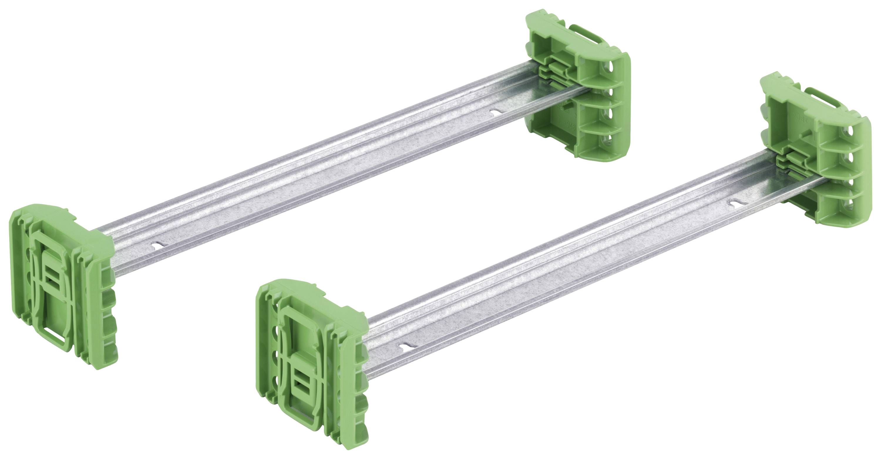 Twee groene kunststof houders met metalen steunen, horizontaal geplaatst, voor stabilisatie of montage in technische toepassingen.