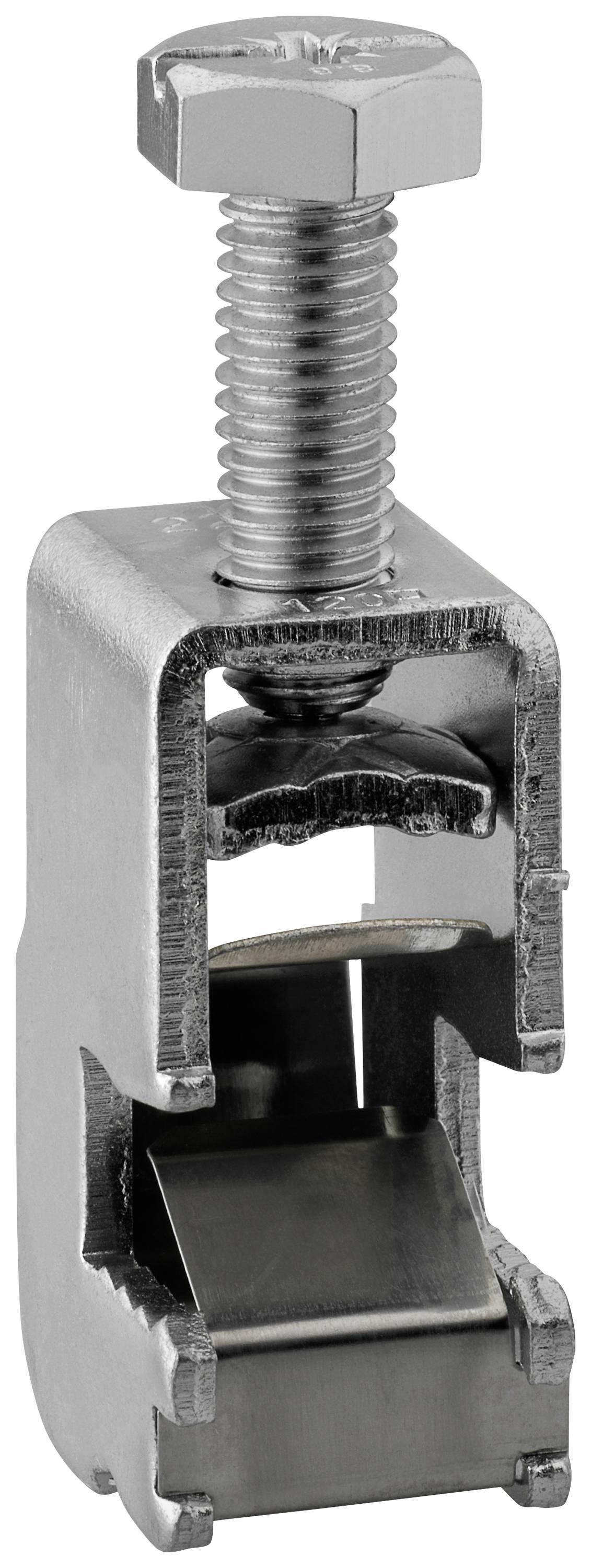 Metalen klem met schroef en bevestiging, bestemd voor het veilig vastzetten van metalen onderdelen. Geschikt voor industriële toepassingen.
