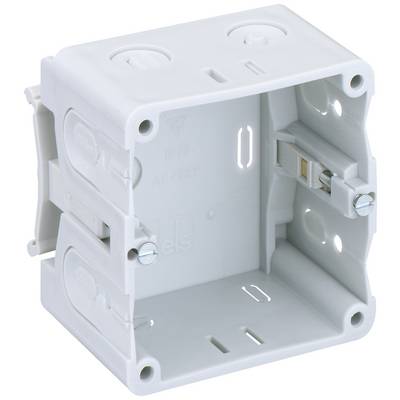 'Lege, witte inbouwdoos met zijopeningen en schroefbevestigingen, geschikt voor elektrische installatie in muren.'