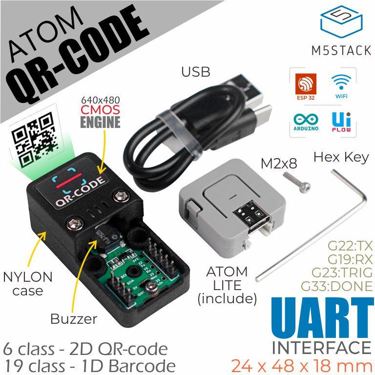 'QR-Code Scanner met CMOS Engine, USB-kabel, ATOM Lite, zeskantsleutel. Ondersteunt UART. Afmetingen 24x48x18 mm. Klasse 6, 2D.'