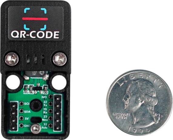 Een QR-code-scannermodule ligt naast een munt ter aanduiding van de grootte.