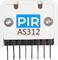 Een PIR-sensor met modelnummer 'AS312'. Hij heeft twee schroeven bovenaan, daaronder een blauw 'PIR'-symbool en zes aansluitcontacten onderaan.