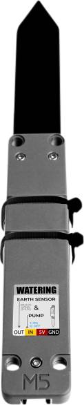 'BODEMVOCHTSENSOR' met aansluitingen voor 'OUT', 'IN', '5V' en 'GND'. Ontworpen voor pompensystemen.
