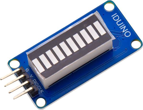 'LED-displaymodule met 10 balken, IDUINO-opschrift, blauwe dragerplaat en vier aansluitpinnen aan de linkerzijde.'