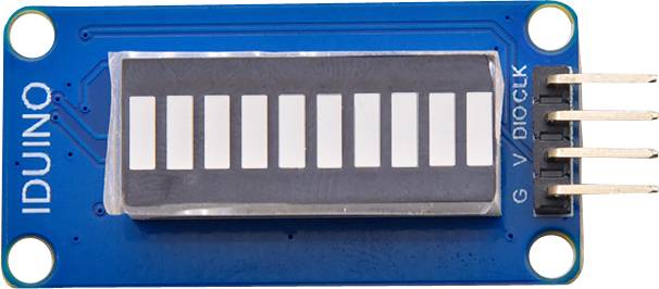 Blauw IDUINO-LED-weergavemodule met 10 witte balken en aansluitingen voor G, V, DIO en CLK aan de rechterkant.