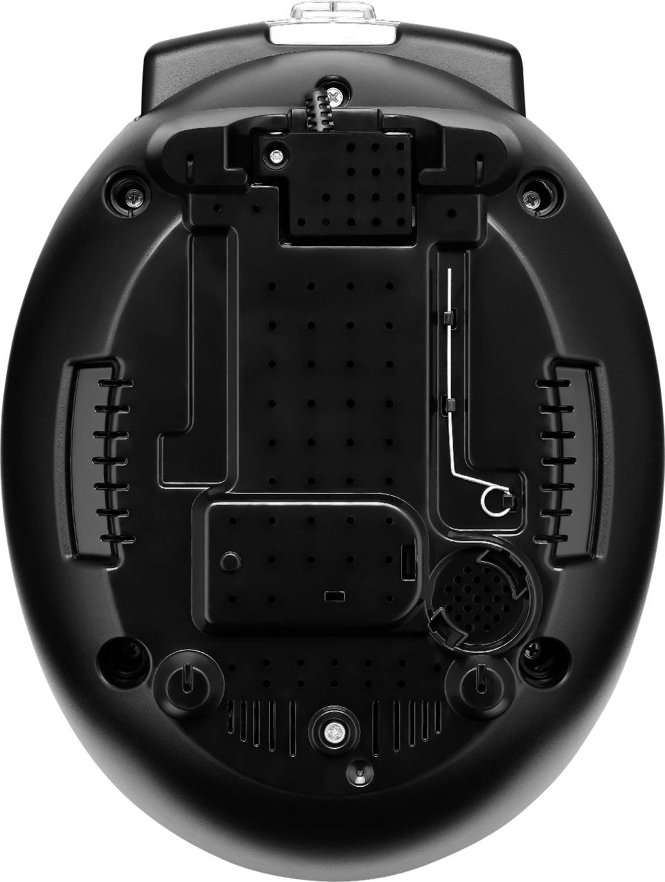 'Onderkant van een elektronisch apparaat met meerdere ronde rubberen voetjes en een verwijderbare afdekking in het midden.'