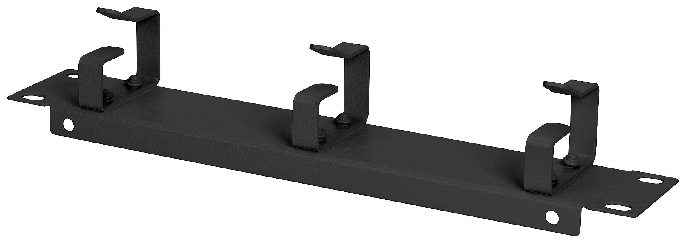 Zwarte houder met drie haken voor kabelbeheer, geschikt voor montage op een vlak oppervlak, voor een geordende kabelindeling en ontlasting.