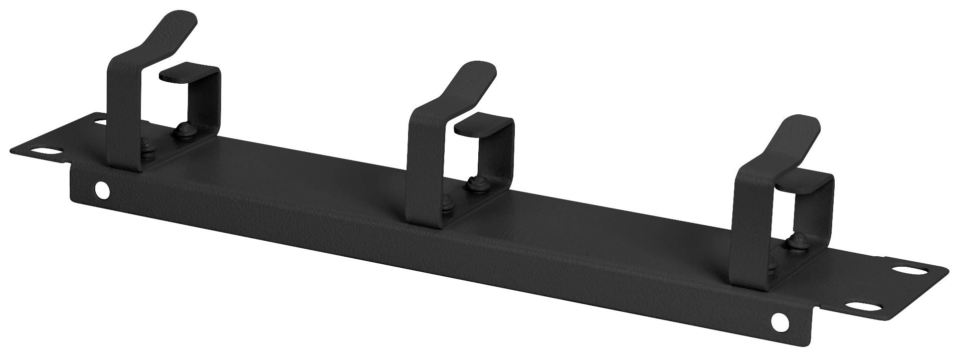 Een zwarte kabelorganizer met drie haken voor bevestiging aan een muur of rek, geschikt voor kabelbeheer op kantoor.