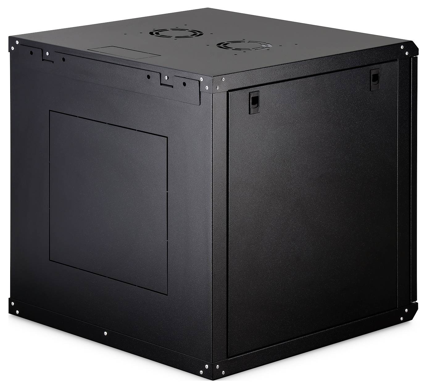 Een zwarte, kubische metalen opbergkast met ventilatieopeningen op het bovenoppervlak, geschikt voor opslag en organisatie van elektronische apparatuur.