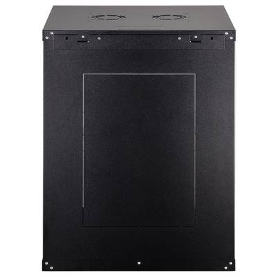 Een zwarte serverrek met ventilatieventilatoren bovenop, bekeken van voren.