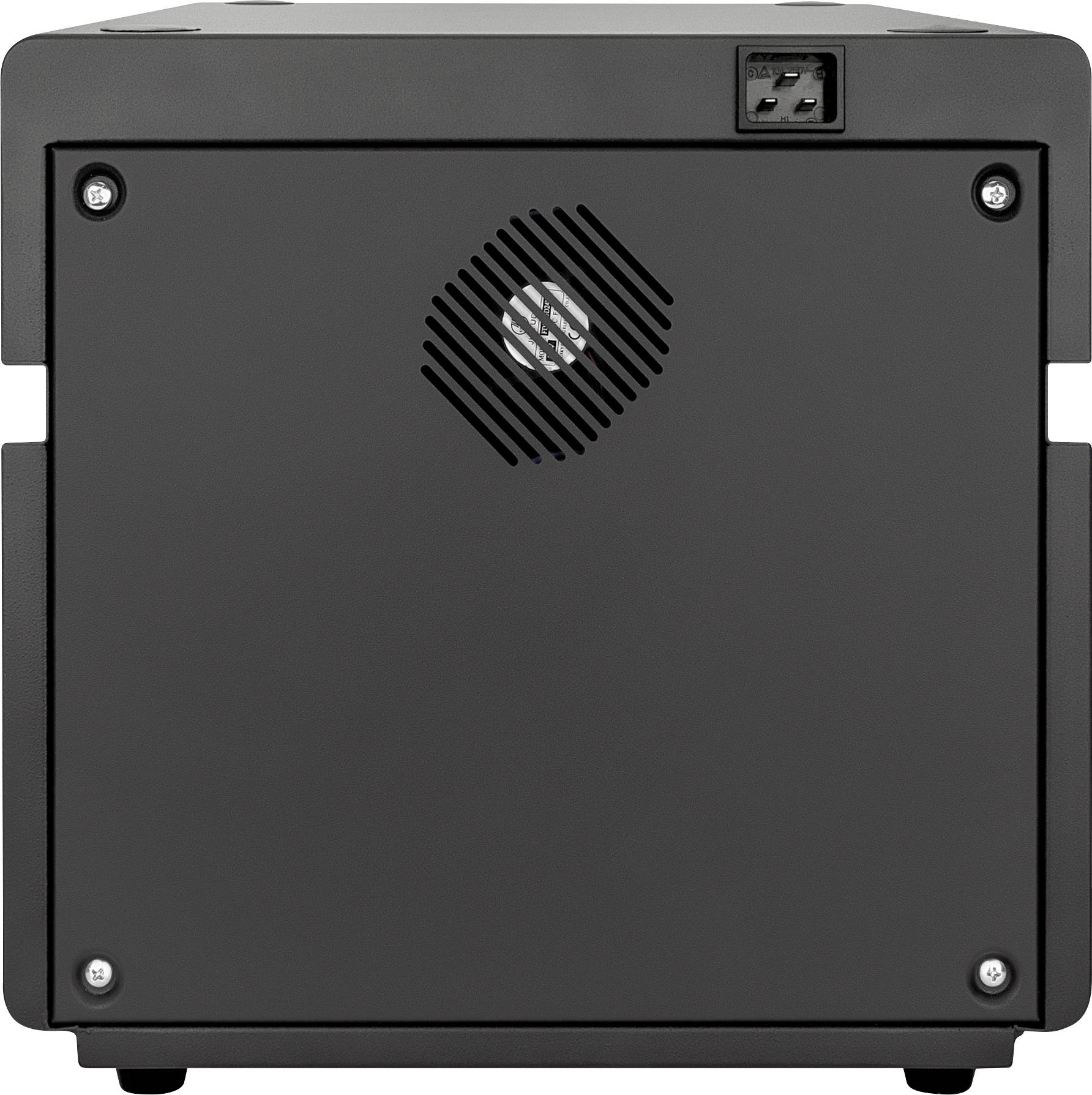 Een zwart, kubisch elektrisch apparaat met zichtbare ventilatieopeningen en een netschakelaar aan de bovenkant.