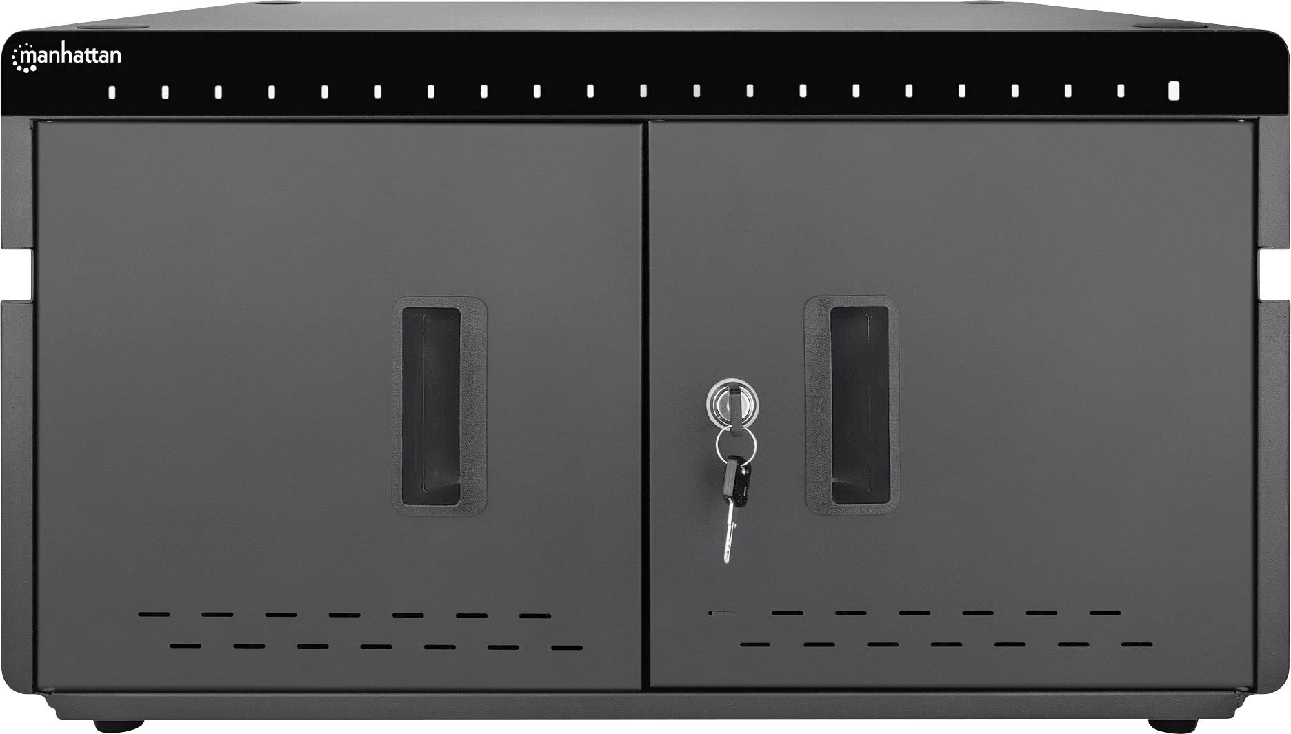 Een zwarte metalen kast met twee deuren en een slot in het midden; een sleutel steekt in het slot.