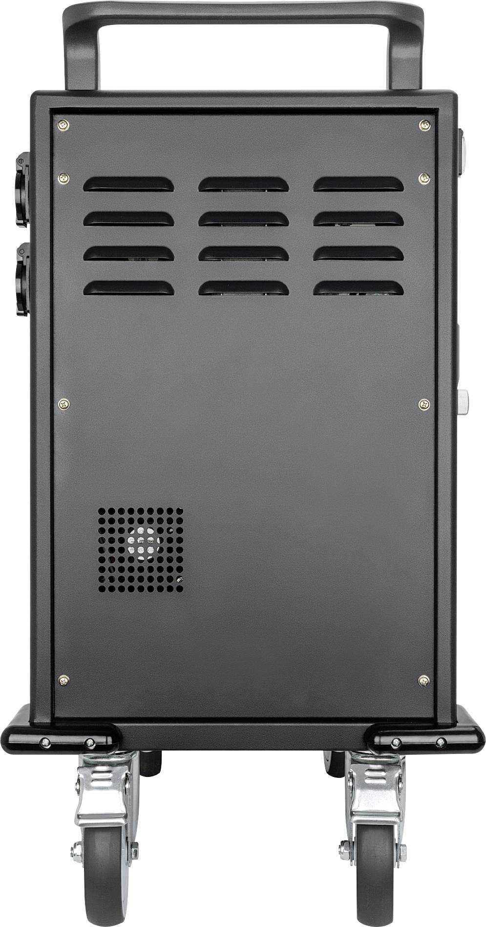 Een zwarte verrijdbare kast met handgreep en ventilatiesleuven, gemonteerd op stevige wielen.