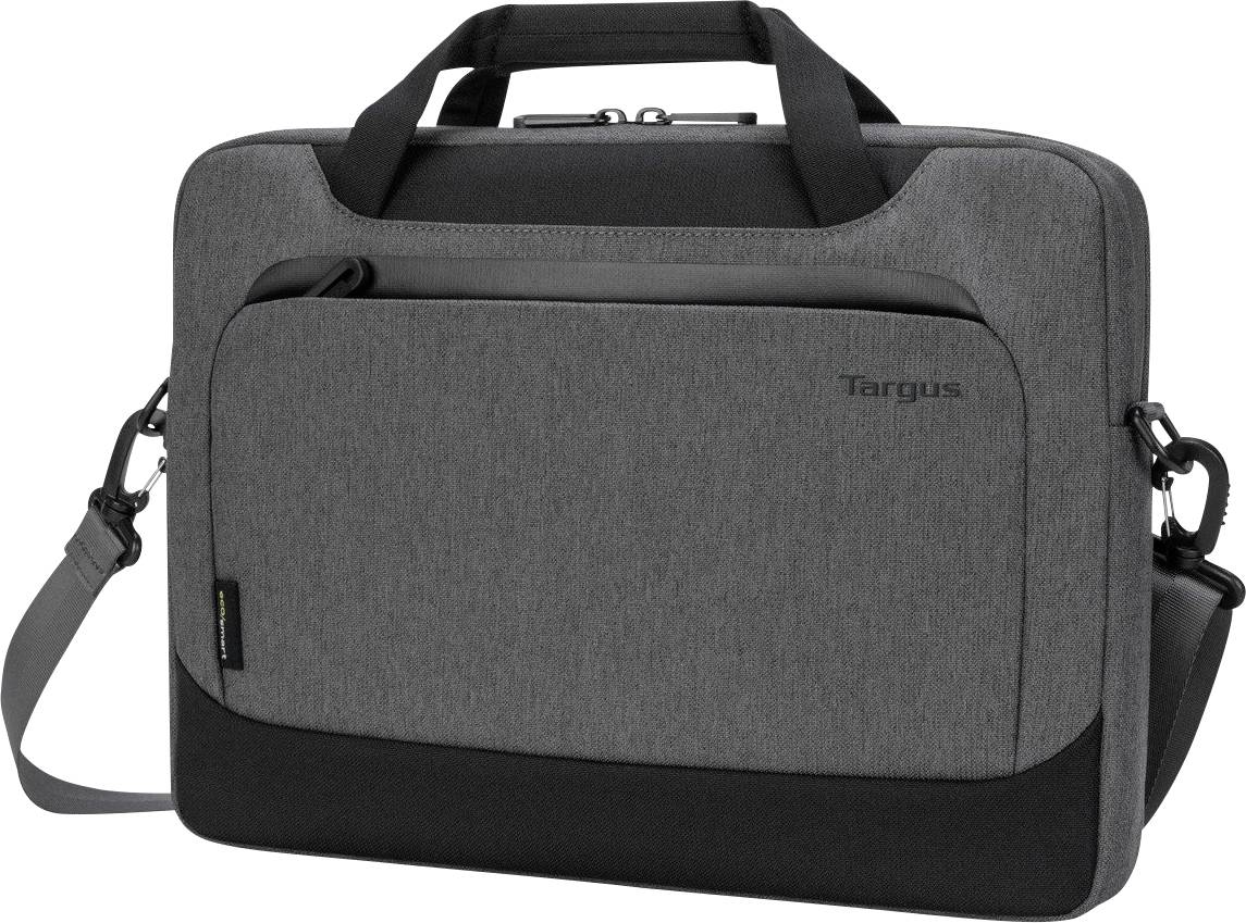Grijze laptoptas met zwarte bodem en draagriem, geschikt voor het veilig vervoeren van laptops.