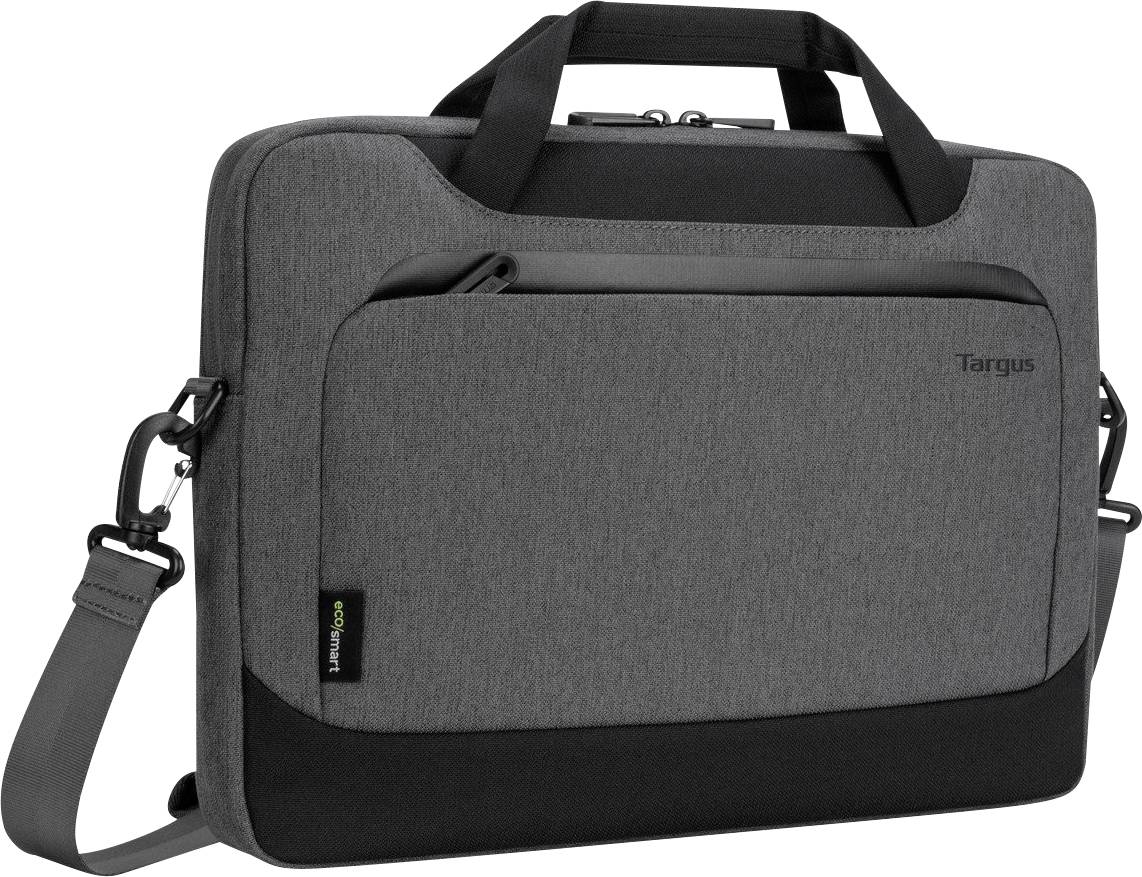 Grijze, rechthoekige laptoptas met handgreep en schouderband. Voorkant heeft een zwarte ritssluiting.