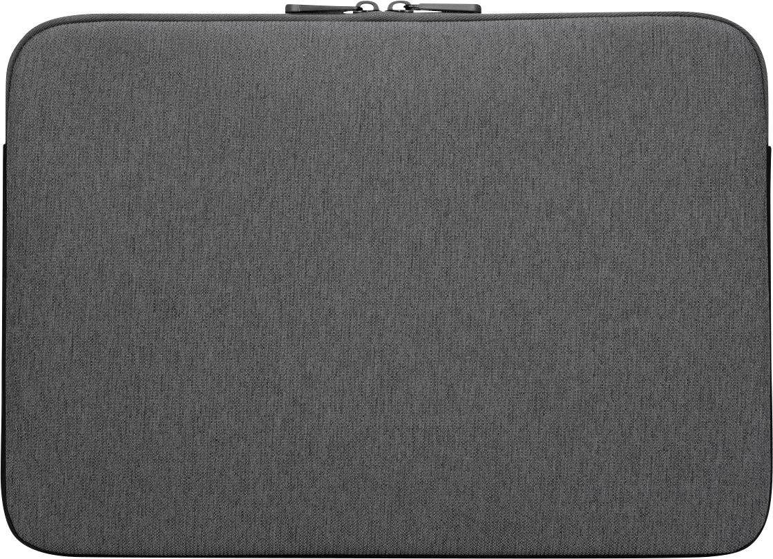 Een grijze laptoptas van stof met een rits aan de bovenkant, een strak design zonder zichtbare logo's of versieringen.