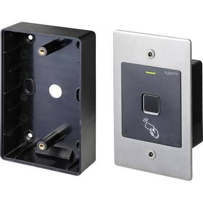 Twee metalen platen voor RFID-toegangscontrole; links een lege achterkant, rechts een gemonteerde sensor met LED-indicator en kaartsymbool.