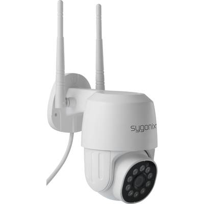 Bewakingscamera met wandbevestiging en twee antennes. Witte, cilindrische vorm. De cameralens is duidelijk zichtbaar.