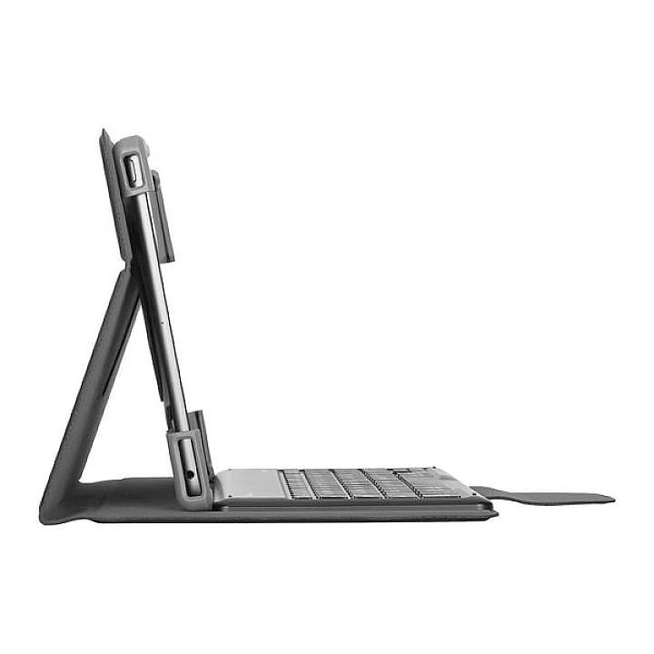 Een tablet in een hoes met geïntegreerde, aangesloten toetsenbord, zijaanzicht.