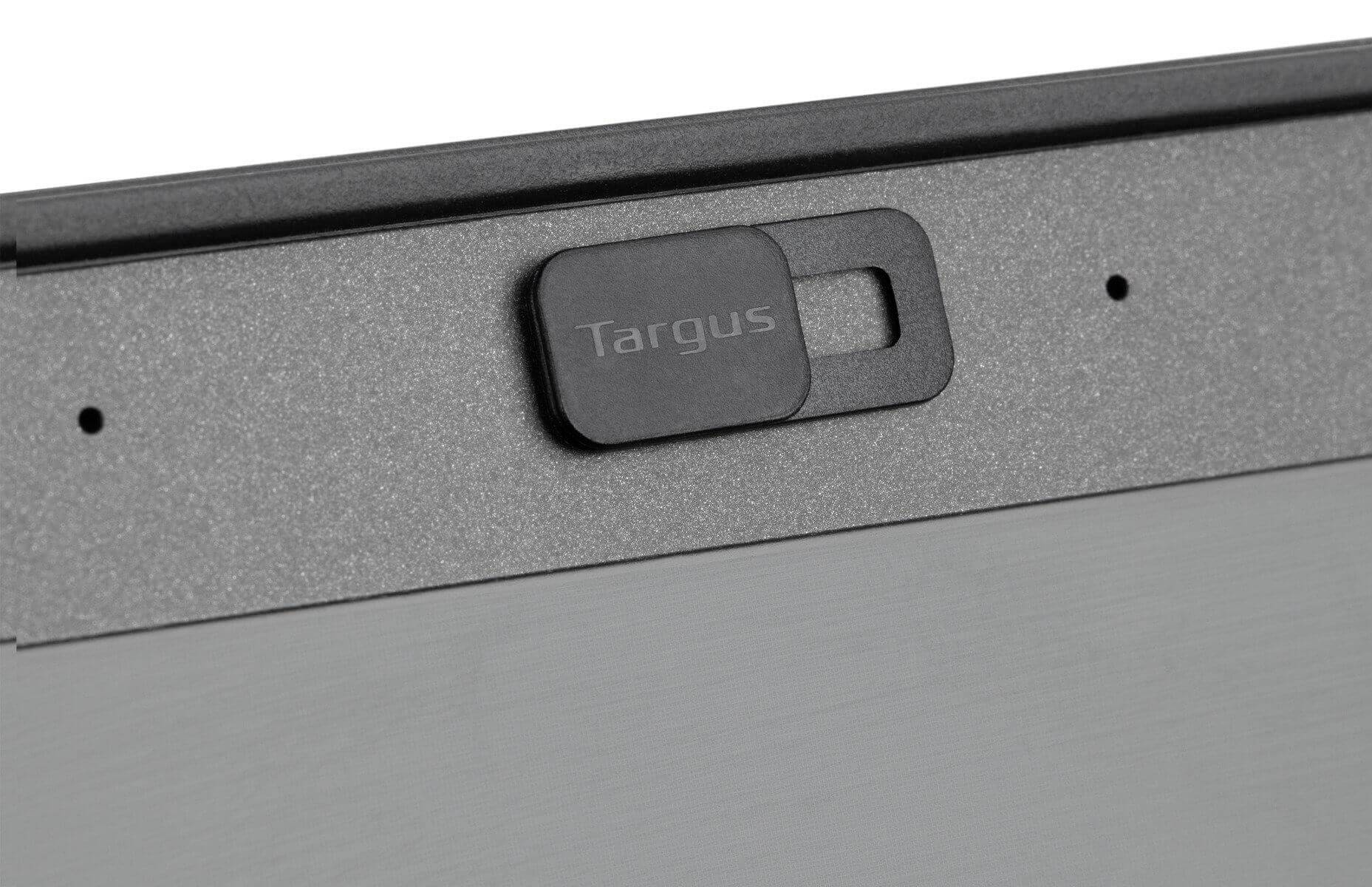 Webcam met een fysiek afdekplaatje ontworpen door 'Targus'. Het afdekplaatje kan worden verschoven om privacy te beschermen.