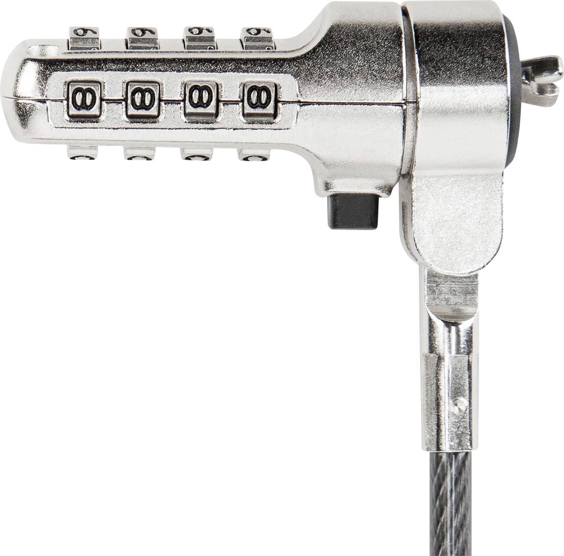 Een zilveren cijferslot met een viercijferige combinatie, bevestigd aan een kabel; dient om apparaten te beveiligen door middel van mechanische vergrendeling.