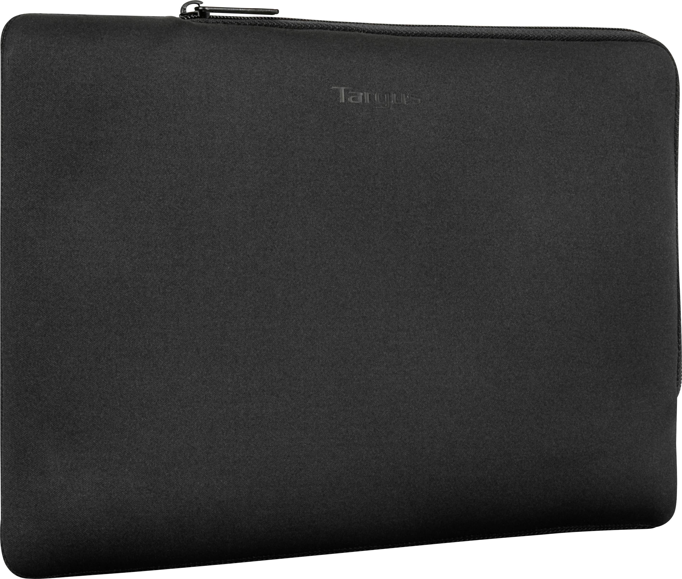 Een zwarte laptophoes met rits. Hij is eenvoudig van ontwerp en biedt bescherming voor een laptop of tablet.